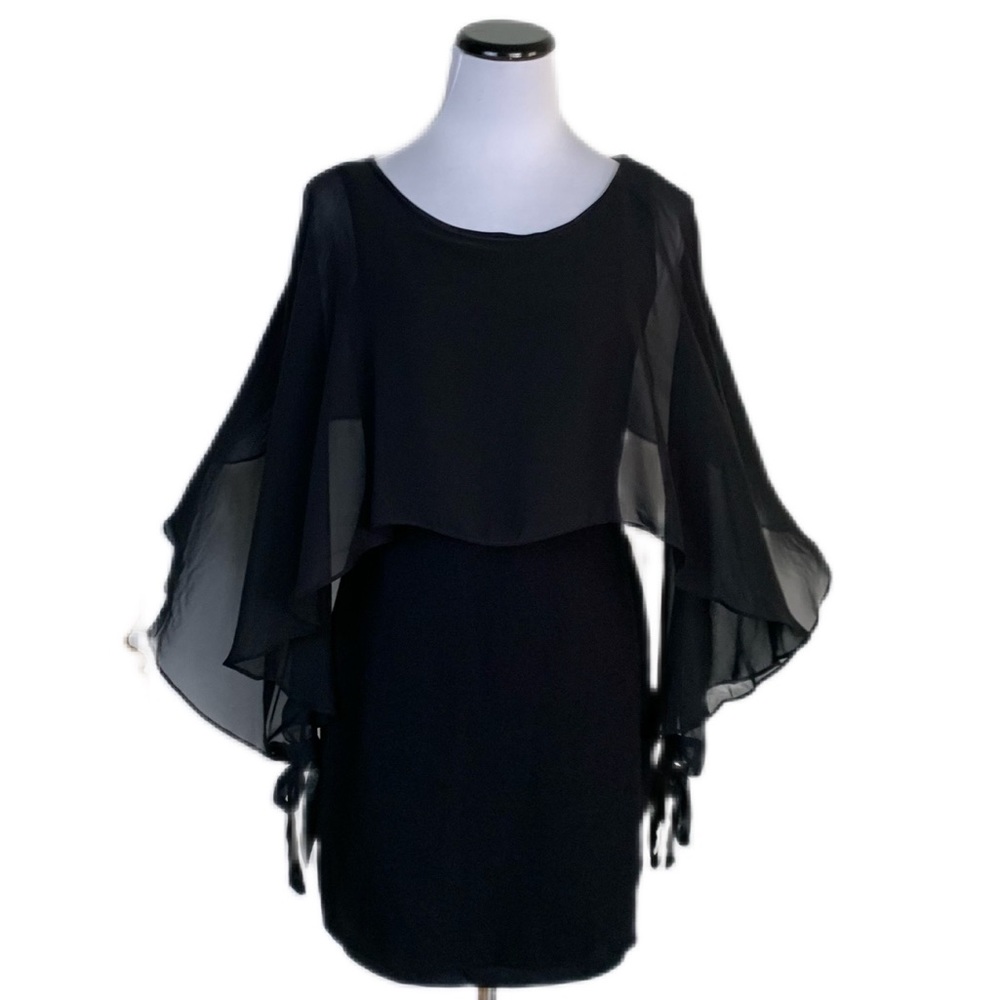 Bailey 44 *SZ S Black Knit Bodycon Chiffon Overlay Blouson Capelet Mini Dress